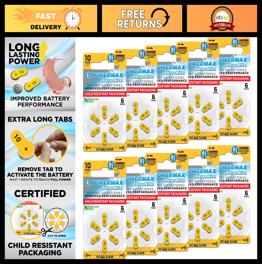 60 Count Hearing Aid Batteries Size 10 – Long-Lasting, Easy Change Yellow Tabs