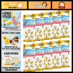 60 Count Hearing Aid Batteries Size 10 – Long-Lasting, Easy Change Yellow Tabs
