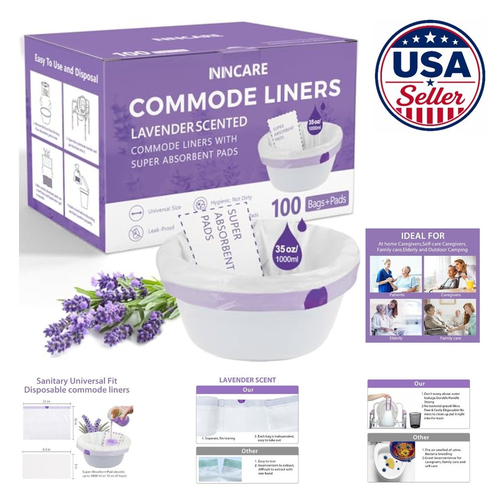 Commode Liners with Absorbent Pads 100 Count Lavender Scented Bedside Toilet