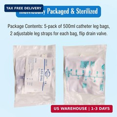 5 Pack Easy-Tap Catheter Leg Bags, 500ml Urinary Drainage Bag, Anti-Reflux Valve