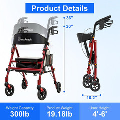 Lightweight Foldable Rollator Walkers with Seat for Seniors, 300 Lb Capacity, 5-