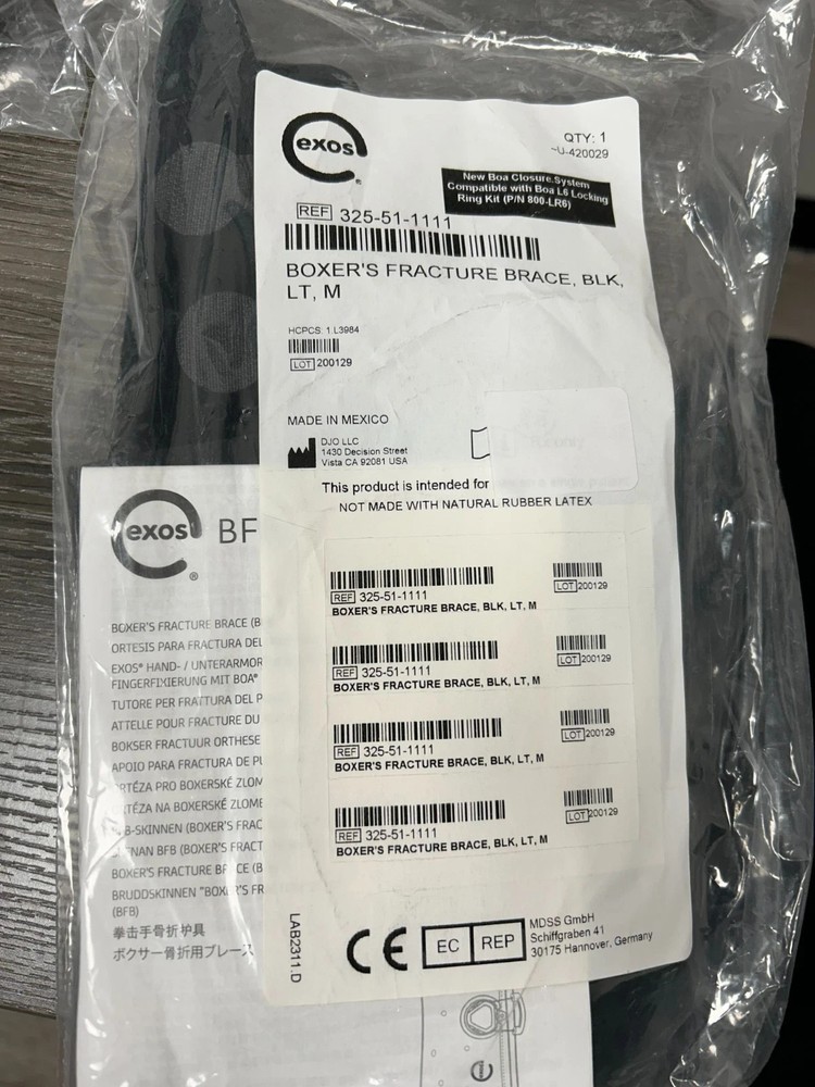 DJO Exos Boxer’s Fracture Brace Medium, Left, 325-51-1111, NEW