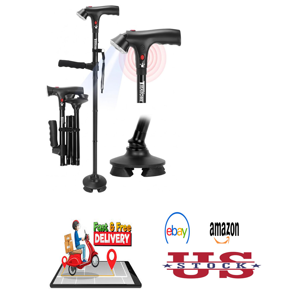 Walking Cane for Seniors, 3-in-1 Folding Cane with Alarm Light, Adjustable