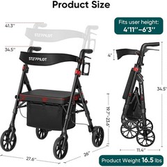Steppliot Rollator Walker for Seniors Adults with Seat Backrest Black Max 500 Lb