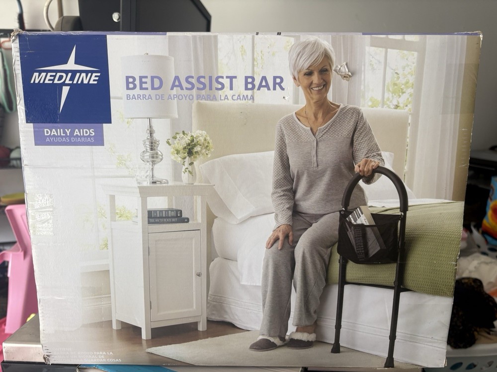 Medline Height Adjustable Bed Assist Handle w/ Storage Pouch, Tool-Free, Black