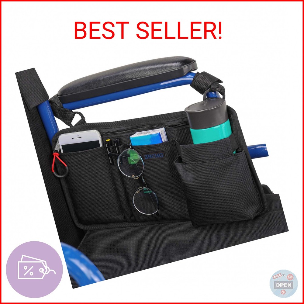 ZHCHG Wheelchair Side Bag with Cup Holder, Wheelchair Armrest Pouch Accessories