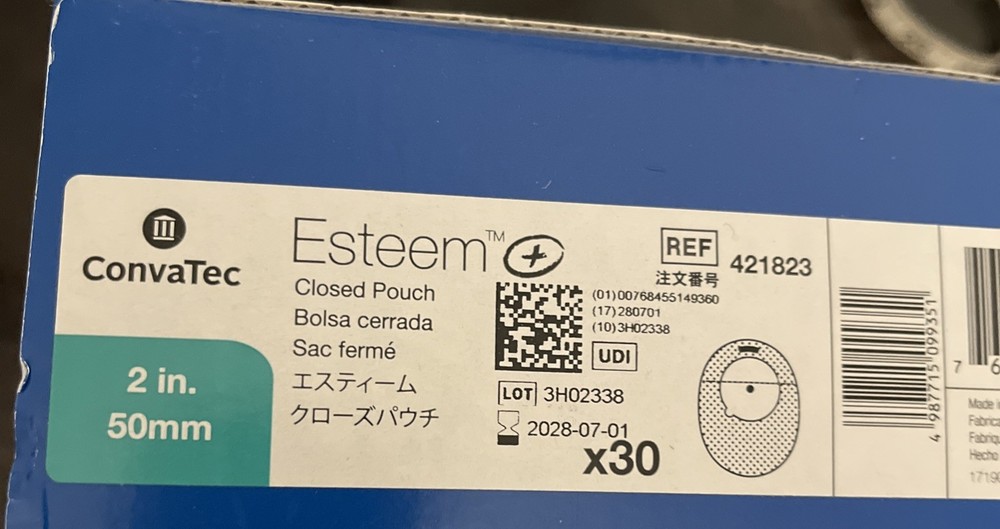 Esteem + 421823 One-Piece Closed Pouch 1 Sealed Box of 30 Exp 2027 2” / 50mm