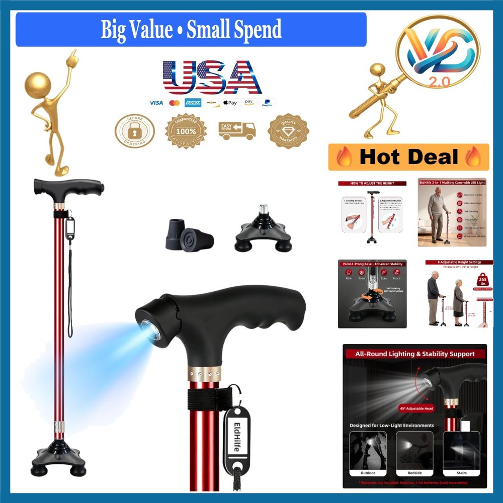 Telescopic Walking Cane with LED Light, Adjustable, Aluminum, Burgundy