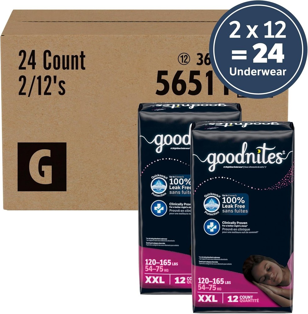 Goodnites Girls‘ Nighttime Underwear XXL 120-165 Lbs 24 Ct 2 Packs