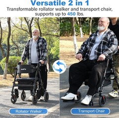 2025 StrollAid 2 In 1 Rollator Walker Transport Chair Heavy Duty 450 Lbs