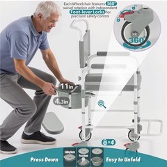 Bedside Commode with Wheels, Shower Wheelchair with 300 LBS Weight Capacity
