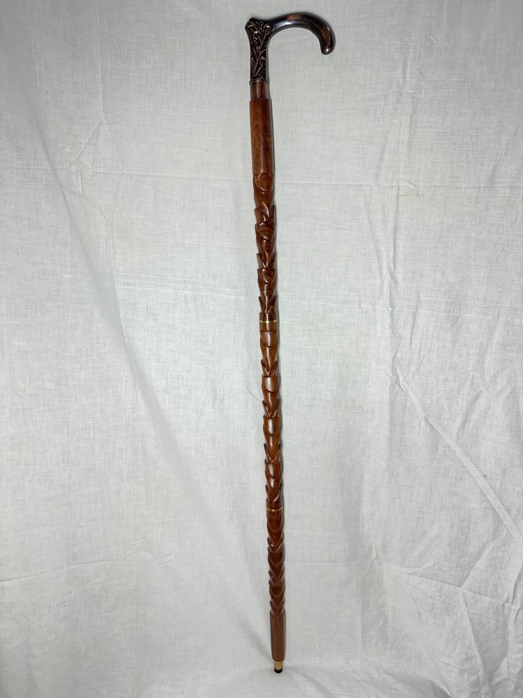 Handcrafted Wooden Walking Cane Stick Bronze Floral Handle Black/Brown Cane