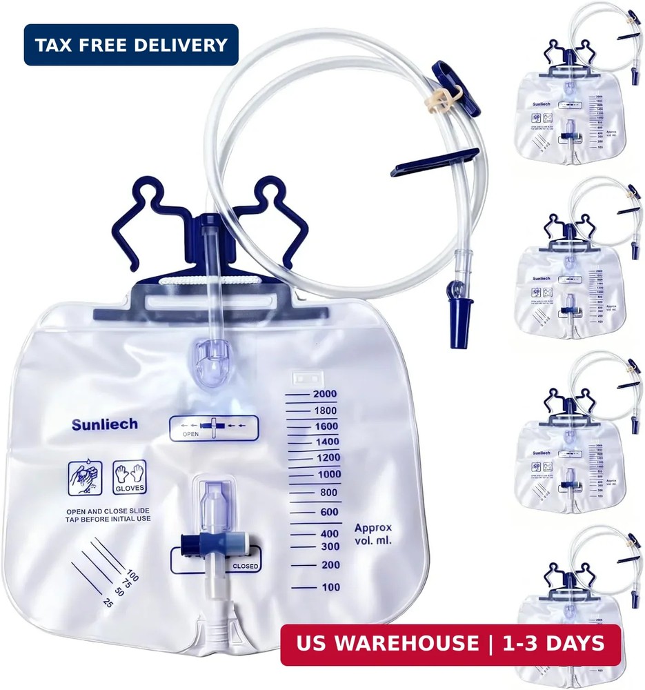 5 Pack Urinary Drainage Bag, 2000mL Anti-Reflux Catheter Bag with Drainage Tube,