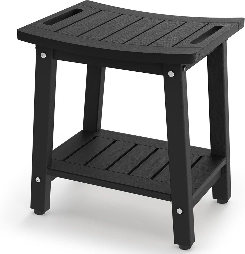 HDPE Shower Bench Waterproof Bath Seat w/ Shelf Handle Adjustable Feet Black