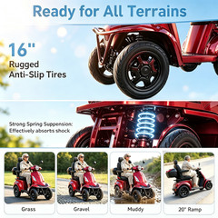 Heavy Duty 1000W 4-Wheel Electric Mobility Scooter 60V 3-Speed 500lbs Load Red