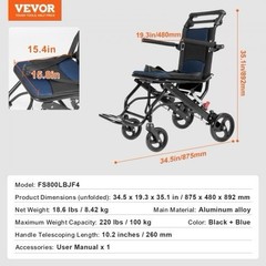 Foldable Aluminum Transport Wheelchair with 15.75in Seat Supports 220lb Open Box