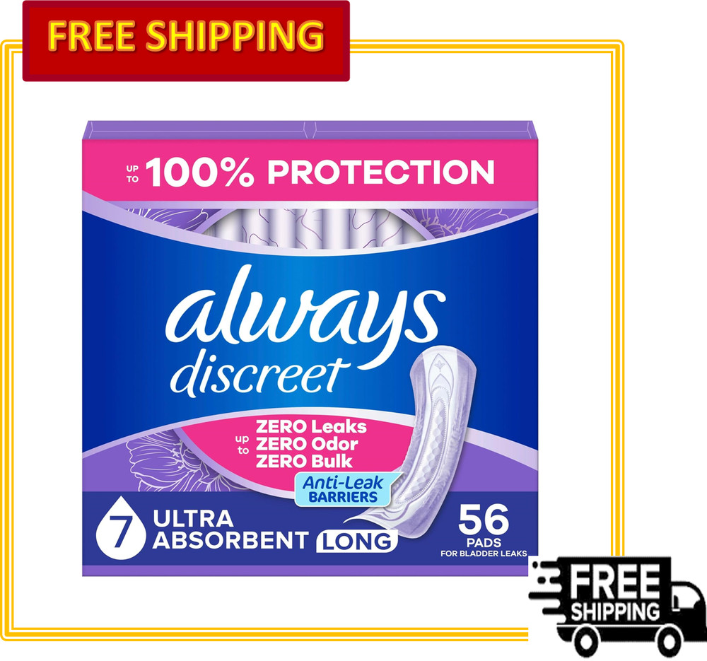 Always Discreet Adult Incontinence Pads Size 7 Ultra Absorbent Long Length-56 Ct