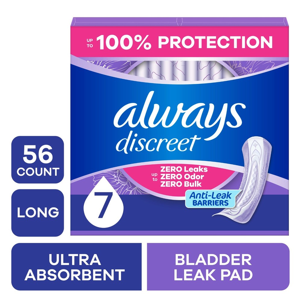 Always Discreet Incontinence Pads for Women, Ultimate Extra Absorbent Long