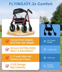 Heavy-Duty Rollator Walker with Seat, 12″ Front Wheels, Bariatric, Red
