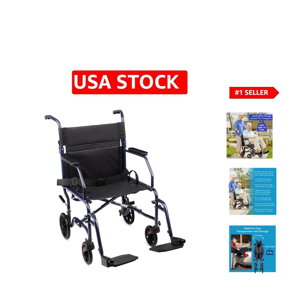 Lightweight 25 lbs Transport Wheelchair with Removable Footrests for Easy Use