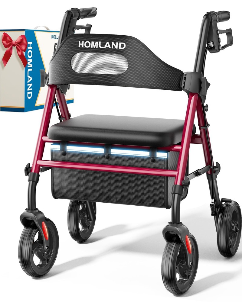 HOMLAND Foldable Rollator Walkers for Seniors with Seat, 16″ 350 Pound, Red