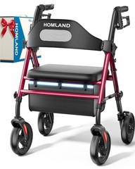HOMLAND Foldable Rollator Walkers for Seniors with Seat, 16″ 350 Pound, Red