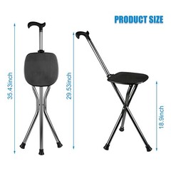 Hold 440 lbs Walking Cane Seat Folding Stick H34.6“ W11.8“, Square Black