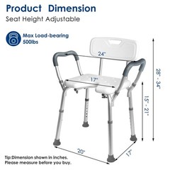 Heavy Duty Shower Chair with Arms & Back, 330lbs Capacity, Cutout Seat, Tool-Fre