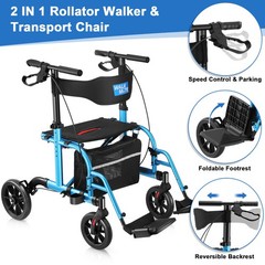2-in-1 Rollator Walker & Transport Chair for Seniors with Seat, 10″ Wheels Blue