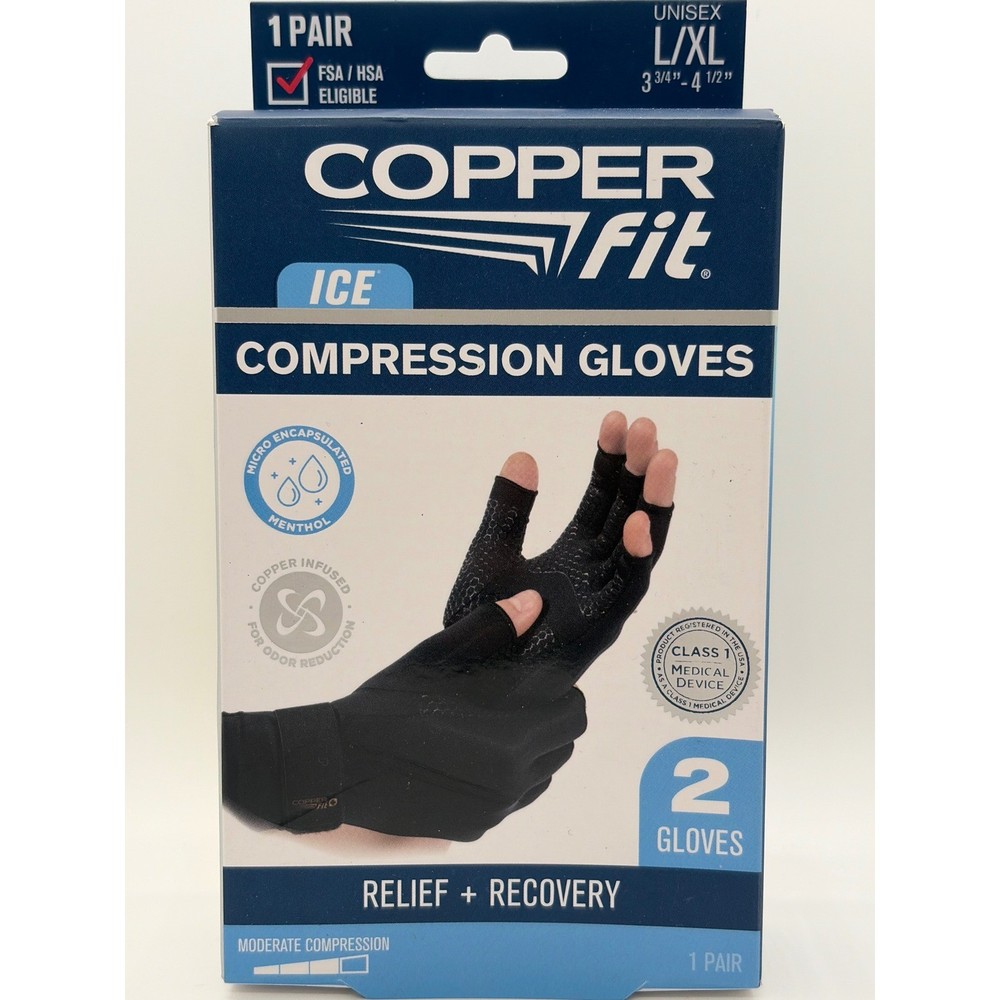 Copper Fit Ice Menthol Infused Compression Gloves Black L/XL 1 Pair Unisex. 1B