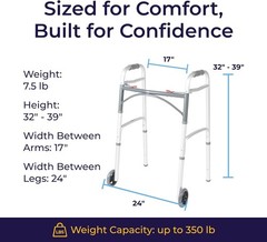 Drive Medical Two-Button Folding Walker with Wheels Lightweight Silver