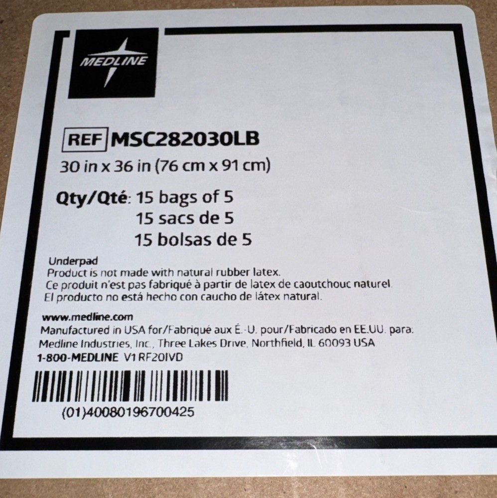 Medline MSC282030LB Underpads Chucks 30”x 36″ 15 Bags Of 5 Packs