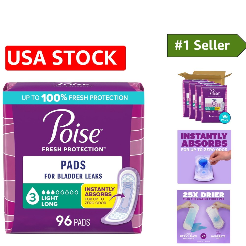 Poise Disposable Incontinence & Postpartum Pads, Leak Protection, 96 Count