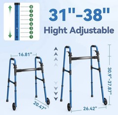 LOYODA Adjustable Height Folding Walker Blue Large Front Wheels 350 lb Capacity