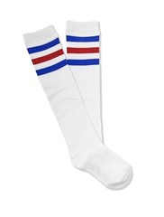 Unisex White Knee High Team Tube Socks One Size White With Blue & Red Stripes