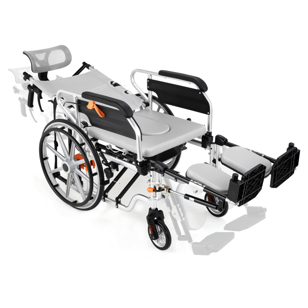 3 in 1 Commode Shower Chair with Wheels+Wheelchair Tray+Footrest,180° Reclining