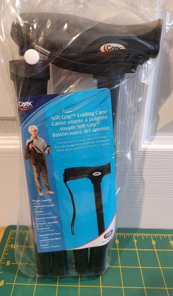 Carex Folding Soft Grip Walking Cane – Height Adjustable 33″ – 37″ – Wrist Strap