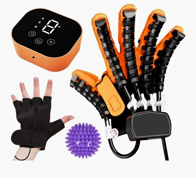 GENDOING XL Adjustable Robot Rehab Glove Right Hand Finger Training Black/Orange