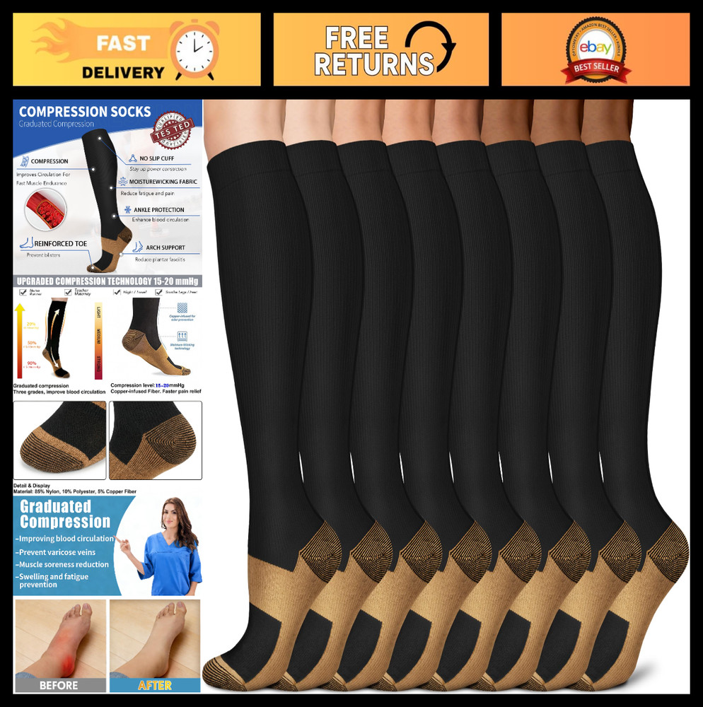 Compression Socks for Men & Women 8 Pack 15-20mmHg Knee High Support Athletic