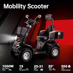 1000W 4 Wheel Heavy Duty Senior Mobility Scooter 60V/20A 500lbs 31 Miles 15MPH