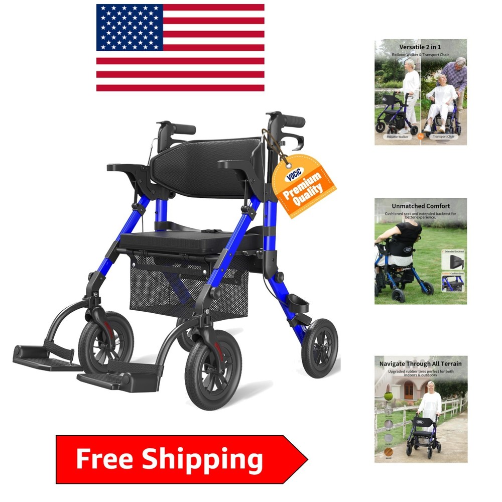 Stylish 2-in-1 Rollator & Transport Chair – 300lb Capacity for Active Seniors