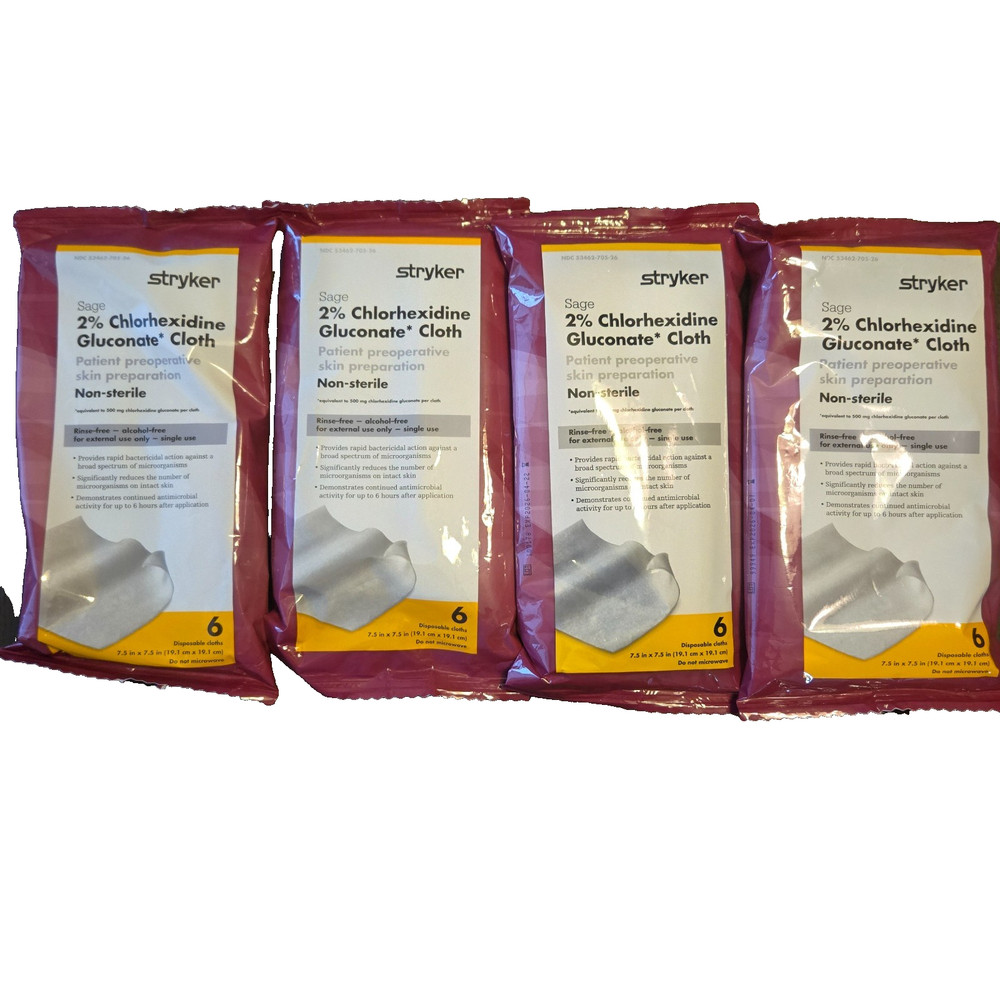 Lot 4 Packs Stryker Sage 2% Chlorhexidine Gluconate Bath Clothes (24 Total)