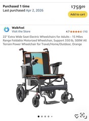 REDUCED! IN BOX: WalkFeel 22” Extra Wide Seat 500W Foldable Power Wheelchair 15m
