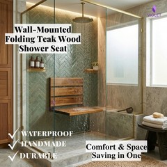 Easy Folding Handmade Teak Shower Seat Wall Mounted Bath Bench with Backrest