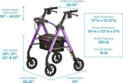 NOVA Star DX Heavy Duty Rollator Walker – Xtra Wide 8″ Wheels, Purple – Open Box