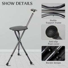 Portable Folding Walking Stick with Seat – 440 lbs Capacity & Adjustable Height