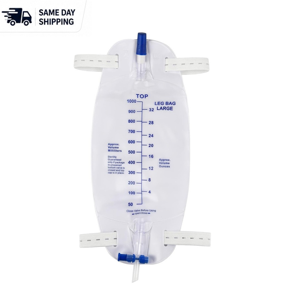 Sterile Easy-Tap 1000ml Leg Bag with Anti-Reflux Valve & Cloth Straps (3-Pack)