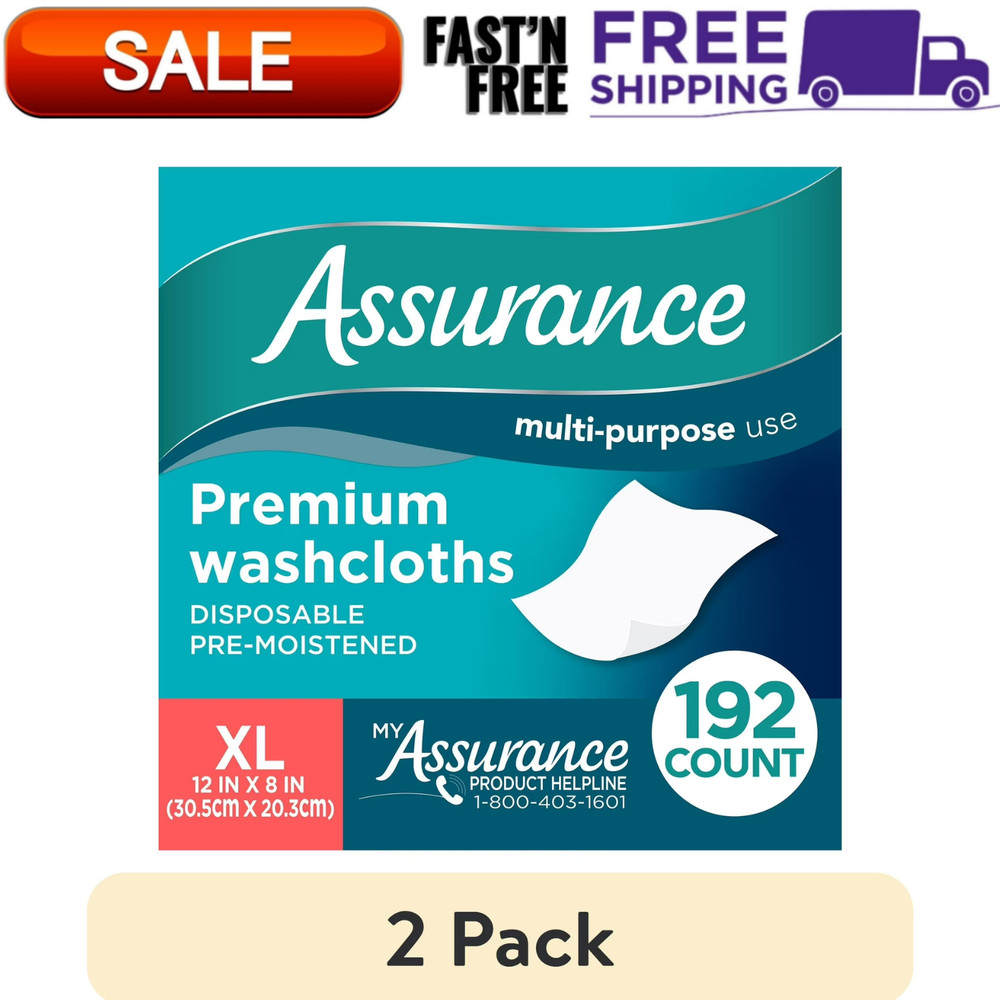 2pk Assurance Premium Disposable Washcloths Pre-Moistened Body Wipes, XL, 192 Ct