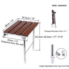 Wall Mounted Folding Shower Seat Bench Wood Slat Stainless Steel Legs