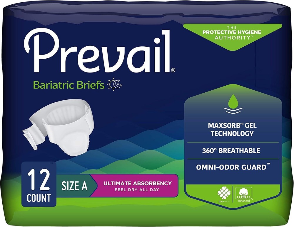 Prevail Bariatric Briefs, Ultimate Absorbency, 62 to 73 Inch Waist, 4 Bags of 12